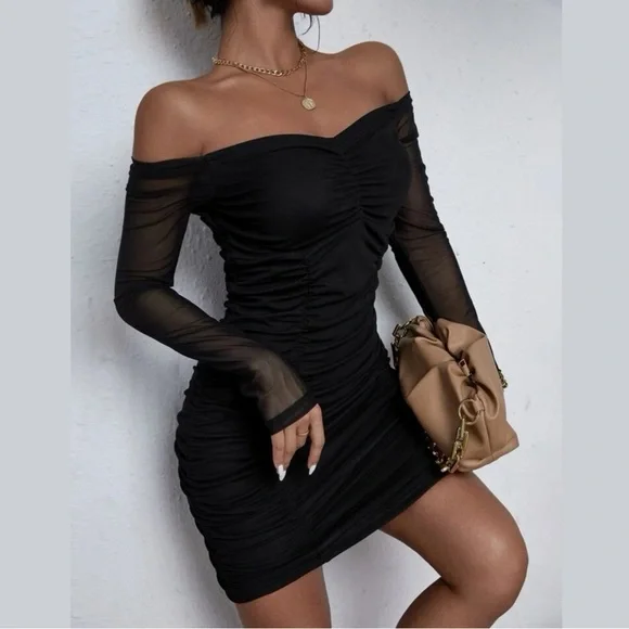 SHEIN | Dresses | Shein Priv Off Shoulder Mesh Panel Ruched Bodycon Dress |  Poshmark